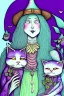 Placeholder: Friendly witch, playing with cats, perfect iris, ink and pencil, pastel colours, style Arik Brauer