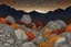 Placeholder: Autumn colors, peaceful, Egon Schiele, Max Ernst, Vincent Van Gogh, silver rust gradient, night sky filled with galaxies and stars, rocks, trees, flowers, one-line drawing, sharp focus, 8k, deep 3d field, intricate, ornate