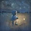 Placeholder: toddler in pyjamas with teddy bear in a field at night with lots of stars, looking at an apparition in the sky