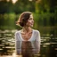 Placeholder: photography of a beautiful and happy anorexic woman, standing in lake water, eyes closed, meditation, white top, yoga flyer, brunette short wavy bob haircut, serenity, misty, relaxing image