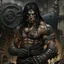 Placeholder: The large and furious black haired metalworker "Big K" grimdark realistic apocalypse survivor