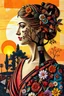 Placeholder: stylish abstract mondrian style feat double exposure.3d silhoutte of greek woman wearable handycraft in aesthetic design, colorful, masterpiece, inspired by wlad safronov art style at shape with vibrant borneo sunset pattern ornate and collage of intricate fantasy art blend modern art, Surround complex cute borneo decoratif pieces with blend of organic elements oak trees,flowers petals,various abstract shape against newspaper clippings, paper layers,colorful