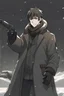 Placeholder: Man dressed in cold clothing, holding a Glock and pointing it forward, is alone in a cold place, in that place it is snowing, He wears a long black scarf and has short brown hair, anime style
