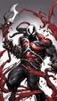 Placeholder: A close picture of Venom symbiote with kratos red tattoos and Clothes, holding blade of choice