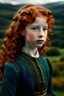 Placeholder: First century 12 year old Scottish Princess with stunning green eyes, red very curly hair, in a blue and gold dress with a loch in the background and Scottish highlands all around