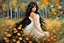 Placeholder: an irresistibly adorable image of a whimsical brunette woman creature with black hair and hazel eyes. Envision a charming being with fluffy, onyx-colored fur or hair that frames its endearing face. in the blowing wind Leonid Afremov