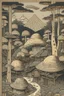 Placeholder: Mushroom village drawn in Japanese woodblock style