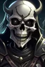 Placeholder: a close up of a skeleton creature, discord pfp, discord profile picture, evil smile, detailed smiled face, large black smile, smooth anime cg art, wide evil grin, evil smile and dark phantasy, evil knight, sharp black armor