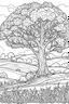 Placeholder: coloring page, tree in a meadow, cartoon style, thick lines, low detail, no shading