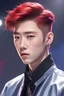 Placeholder: gen 1men,Eric\(The boyz\),stage on the background,kpop show,short red hair,Korean idol,Korean singer,on the stage,styled hair,pulled back hair,highly detailed, digital painting, HDRI, masterpiece, smooth, professional photo,detailed face,with microphone,hair in a ponytail.