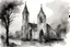 Placeholder: Portrait of an English church in black and white wet watercolour