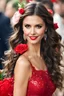 Placeholder: nina dobrev, wavy hair, red lips, pretty earrings, red dress, flower bouquet, sequins