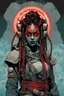 Placeholder: front facing full length portrait illustration of a grunge armored female , beaded dreadlock hair, cyberpunk vampire mercenary wearing an ornate japanese oni demon noh mask , and shemagh, highly detailed with gritty post apocalyptic textures, caught in a cosmic maelstrom of swirling gases , finely detailed facial features and hair, in the graphic novel style of Bill Sienkiewicz, and Jean Giraud Moebius, ink wash and watercolor with realistic light and shadow