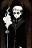 Placeholder: 7 year old boy, necromancer, friendly, looks dead, surrounded by weird smoke with eyes, wearing black robes, in the style of Harry Clarke