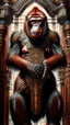 Placeholder: Orangutan Assassin Gothic symmetrical design standing on a few grandstands full frontal view full body full arms full legs hyper-detailed hyper-realistic ink art full legs 8k