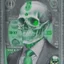 Placeholder: a head and shoulders portrait of a skeleton dressed in a three-piece suit as the president of the united states, based on us currency, united states one dollar bill, shades of green, real-life, colors match the united states one dollar bill, realistic, robotic, black and white