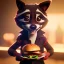 Placeholder: portrait of a anthropomorphic smiling raccoon holds a burger in its hands. unreal 5, octane render, cinema4d, soft lighting, soft lighting, 4k, redshift render, highly detailed, hyper realistic