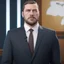 Placeholder: Portrait of a politician in a suit, white shirt, brown tie; short beard, very short bristly hair; white background; 3D style, overwatch, splatoon; paint splashes, very colourful; unreal engine; high detail realism