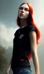 Placeholder: girl, cute, beautiful, red hair, black backwards cap, white tee shirt, long hair, head and shoulders portrait by Greg Rutkowski