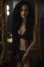 Placeholder: Close up of a beautiful woman with long curly black hair standing in front of a mirror, she smiles, but her reflection in the mirror doesn't smile back, it is a dark demon with intense scary eyes looking back at her. Super realistic, 8k high quality