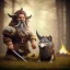 Placeholder: old viking with his wolf sitting near campfire, scary, steam punk, realistic, made in octane, cinematic, ultra-realistic, extremely detailed octane rendering, 8K, VRAY Super Real ar 2:3, dof photorealistic futuristic 50mm lens hard lighting dark gray tintype photograph, realistic lighting, sepia color