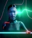 Placeholder: Ultra realistic photographic night portrait, cinematic, <big cyber eye><Asian woman> <hanging wires> <retro computer screen> many wires coming out of the head <perfect pupil> <cyborg arm> <garage> <wide angle Shot> <sci-fi futuristic> <thriller>, neon lights, color fog, soft color, highly detailed, unreal engine 5, ray tracing, RTX, lumen lighting, ultra detail, volumetric lighting, high definition.