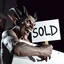 Placeholder: A realistic ghoulish laughing devil leaning forward at an angle as if over someone's shoulder, facing right, holding a large sign that says "SOLD" in clear letters. No humans, no extra subjects, cinematic horror lighting.