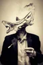 Placeholder: man with catfish shark head smoking a cigarrette in the style of banksy