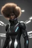 Placeholder: futuristic black character with a little afro, ultra hd et realistic art