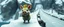Placeholder: fast and clever cute little evil moss pig named yutt, on icy bridge, motion blur, standing by the guard rails, fantasy 3d realm