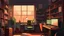 Placeholder: a lofi style art representing a tidy and cozy office with dark and warm colors