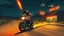 Placeholder: The kebab man driving fast on his holy motorcycle, fire from the exhaust, holy widescreen picture, holy empty road on the holy country at night, comic style, no helmet and he have a long holy black beard, neon kebab signs along the road, jesus stand at his market stand selling holy kebabs, simon stålenhag style, flying goose kebab