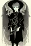 Placeholder: 7 year old boy, necromancer, friendly, looks dead,with a lamprey serpent , wearing black robes, in the style of Harry Clarke