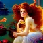 Placeholder: Hyperdetailed oil on canvas, young robyn lively by an ornate fountain, goldfish pond, lotus, detailed face, long muti-hued red curly hair; by gaspar camps, maxfield parrish, alphonse mucha, cyril rolando, dan mumford; luminous colorful sparkles, glitter, airbrush, octane render, volumetric lighting, 16k