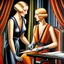 Placeholder: Two 1920s tailor women making an art deco dress, by artist "Catherine Abel" by artist "Tamara de Lempicka",highly detailed elegant beautiful crisp quality, colourful