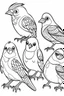 Placeholder: coloring page for kids, birds , cartoon style, thick outline, low details, no shading, no color