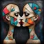 Placeholder: Whimsical kissing: This strange asymmetric abnormal kissable beautylady has a head that looks like a triangle, a square and a circle sewn together with cords. Colorful abstract art, mixed media. Disturbing, turpistic, dark. Scratches. Kissing background.