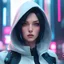 Placeholder: create a woman with a hood on her head, cyberpunk art by Maciej Kuciara, cgsociety, computer art, anime aesthetic, futuristic, ilya kuvshinov 8k