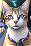 Placeholder: One single mature street cat, friendly, riding on a bike , sunny day, perfect iris, perfect eyes, model style, hyper realistic, extremely accurate, delicate, extremely detailed, Graphic novel style, colours, wide-angle, open aperture, superfine pencil