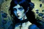 Placeholder: Gothic portrait of a young woman in the style of Arthur Rackham and Norman Rockwell. She has dark blackish blue hair and there are blueberry plants around her. Piercing blue eyes. Steampunk Wednesday Adams