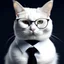 Placeholder: white cat with glasses, suit and stronger human body