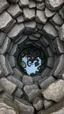Placeholder: a creature down in the bottom in side an old well of stones top view