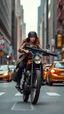 Placeholder: A beautiful girl riding a bike with machine gun in the street of New York