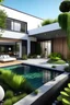 Placeholder: Generate a modern backyard around a house, with plants, a pool and space, and approximately 250 squared meters