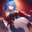 Placeholder: Clear focus, High resolution, rough line art, cute, cartoon, medium blue hair, hair between eyes, fluffy hair, red eyes, super cool outfit with a split skirt, black red and gold color scheme, wearing a short skirt, barely revealing