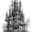 Placeholder: A detailed ink illustration of a front elevation of a fantasy house, with a tall chimney, rooms and floors added to the sides and roofs.