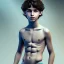 Placeholder: beautiful, slender, 10 year old arabic boy with very long curly hair and light blue eyes, shirtless