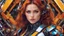 Placeholder: colorful chaos, vivid colors, striking visual design, 1 girl, adult woman, stunning, hazel eyes, auburn half-up half-down hairstyle, portrait, solo, upper body, looking at viewer, detailed background, detailed face, (1970retrofuturism, 1970s theme:1.1), android, cyborg, mechanical limbs, mechanical eyes, wires, advanced technology, dynamic pose, emotionless