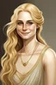 Placeholder: portrait of a woman who looks like an elegant, greek goddess; she is beautiful and has long blond hair, friendly, kind and gracious, smiling