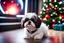 Placeholder: fluffy large eyed baby dog shih-tzu sith lord in the big hall in second death star with few space ships and a view to a star wars planet, and christmas tree and sith gifts, cinematic eye view